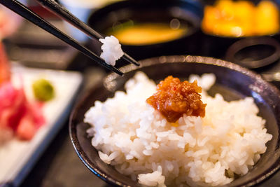 Close-up of served food on table