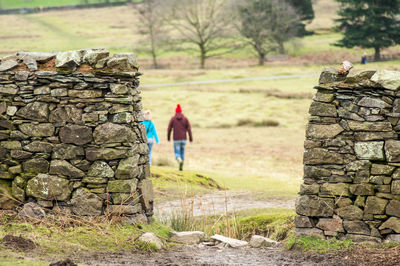 Retaining stone wall on field