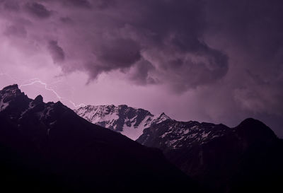 Lightning bolt over snowcapped mountain range at night