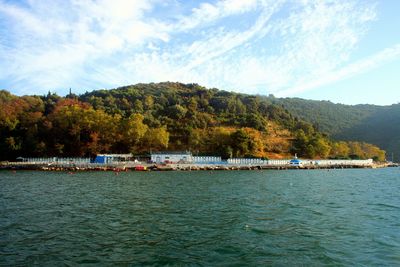 Scenic view of river by trees against sky