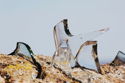 Close-up of glass pieces on surrounding wall against sky