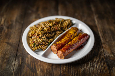 High angle view of meal served on table