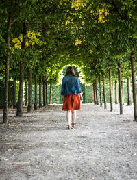 Rear view of woman walking on footpath in park