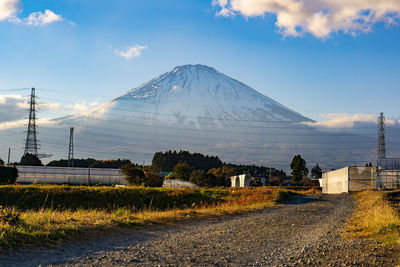 Road amidst field and buildings against sky