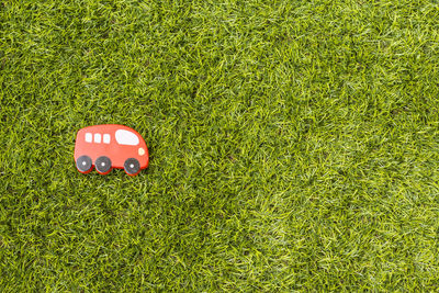 Directly above view of wooden car on field