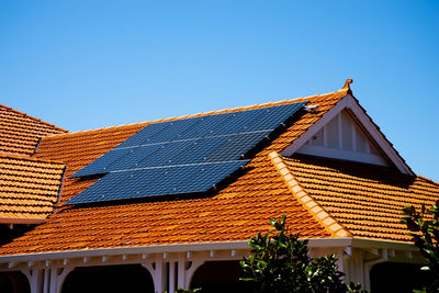 Low angle view of house roof against sky