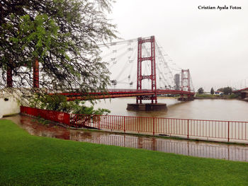 View of suspension bridge over river