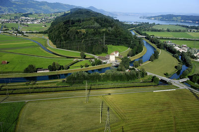 High angle view of agricultural field against sky