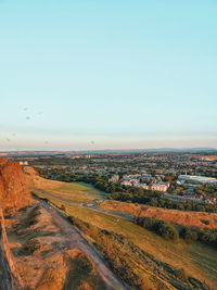 Aerial view of townscape against clear sky