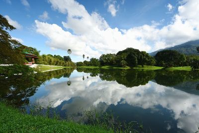 Scenic view of lake by trees against sky