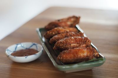 Close-up of food served on table