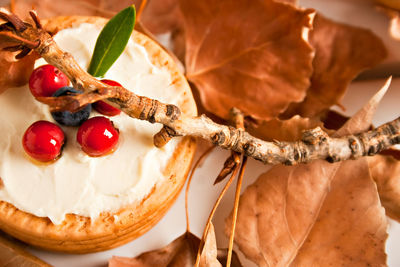 Close-up of dessert served on table