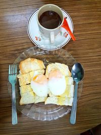 High angle view of breakfast on table