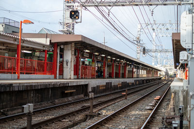 Train at railroad station against sky