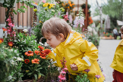 Toddler boy in yellow raincoat sniffing flowers in pots