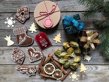 High angle view of christmas decoration on table