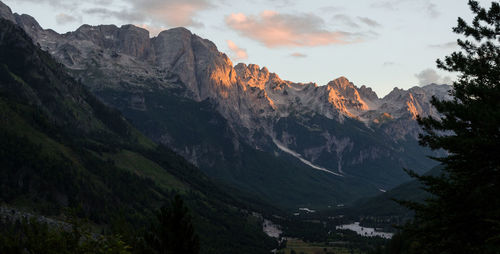 Scenic view of mountains against sky during sunset