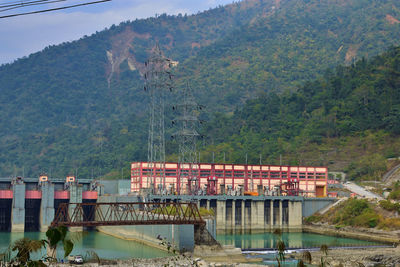 High angle view of bridge over river. water power supply station on teesta river.