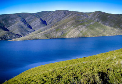 Scenic view of lake and mountains against clear blue sky