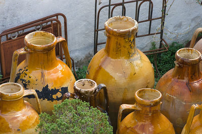 High angle view of bottles on table