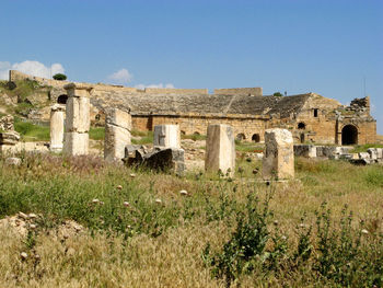 Ancient column ruins in a field with the hierapolis theatre in the distance