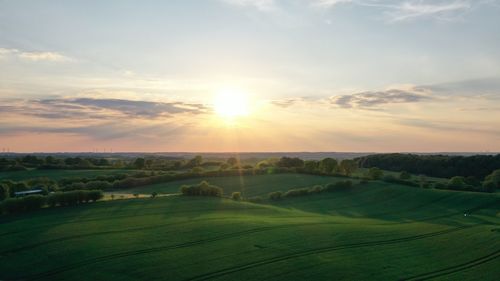 Scenic view of agricultural field against sky during sunset