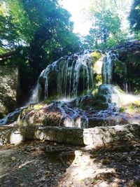 Water flowing through rocks in forest