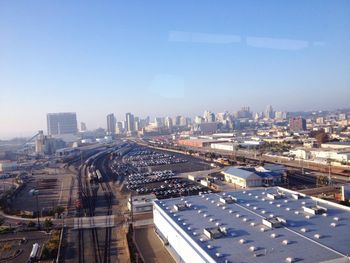 High angle view of cityscape against clear sky