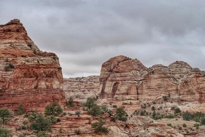 Rock formations on landscape against cloudy sky