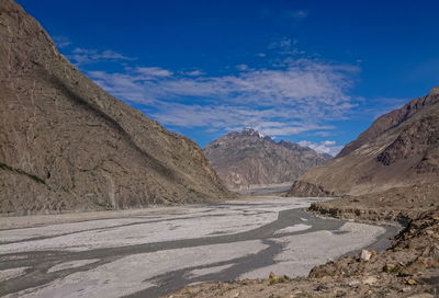 Scenic view of mountains against blue sky