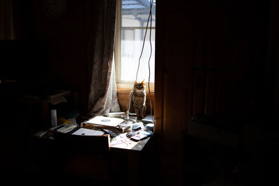 Man standing on table at home