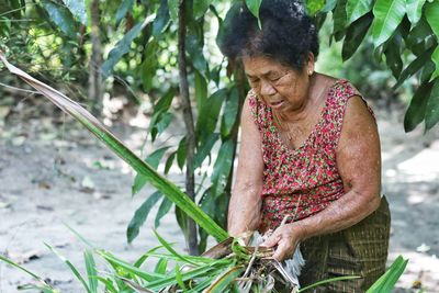 Senior woman holding plants on land