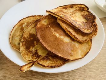 High angle view of pancakes on a plate