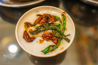 High angle view of noodles in bowl on table