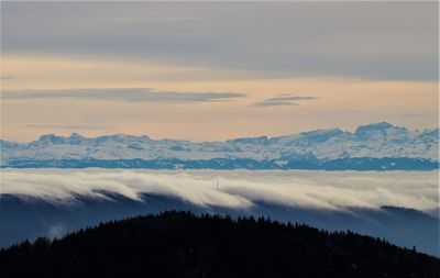 Scenic view of mountains against sky during sunset