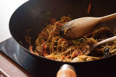 High angle view of meat in cooking pan