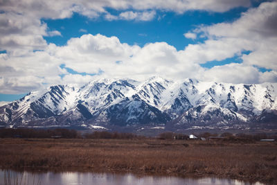 Scenic view of snowcapped mountains against sky