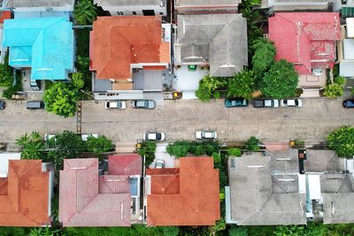 High angle view of plants and buildings in city