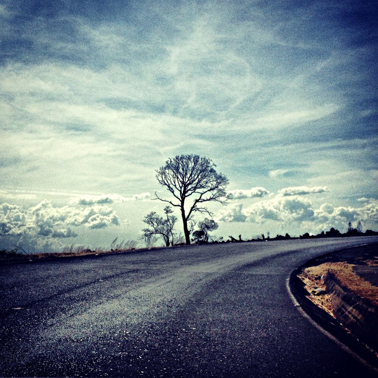 road, sky, transportation, the way forward, bare tree, cloud - sky, road marking, tranquility, tree, tranquil scene, landscape, country road, snow, scenics, street, nature, cloud, beauty in nature, empty road, diminishing perspective