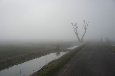 Scenic view of landscape in foggy weather against sky