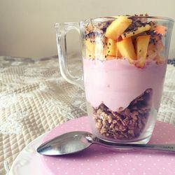 Close-up of ice cream in jar on table