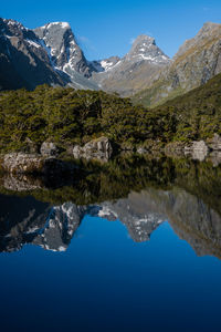 Scenic view of lake and mountains against blue sky