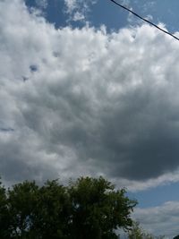 Low angle view of trees against cloudy sky