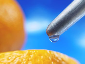 Close-up of water drops on orange against blue background