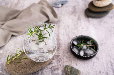 Glass with carbonated alcoholic drink with rosemary and ice in glass on table