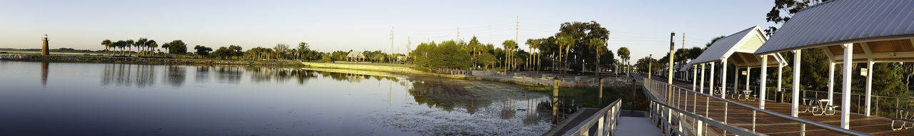 Panoramic view of lake against clear sky