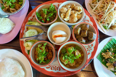 High angle view of food served on table