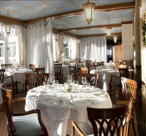 Empty chairs and tables in restaurant