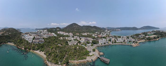 High angle view of stanley village and harbor sea against the sky in hong kong,