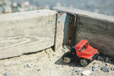High angle view of toy car on rock